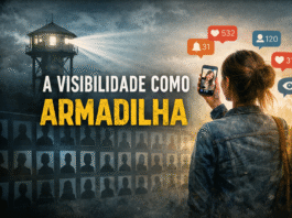 Imagem simbólica sobre exposição nas redes sociais, com a figura humana observada à distância, representando a visibilidade como forma de controle