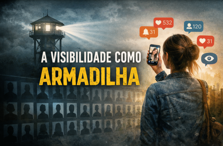 Imagem simbólica sobre exposição nas redes sociais, com a figura humana observada à distância, representando a visibilidade como forma de controle